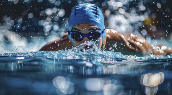 Competitive muscular athlete swim butterfly style in a pool. Concept of leadership and power, AI