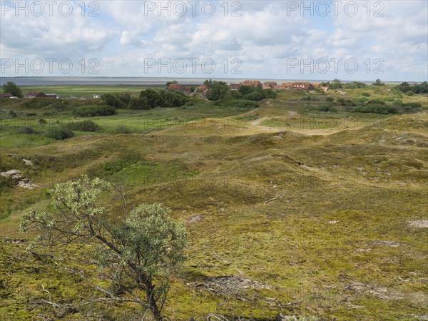 View of a distant village behind hilly, green landscape and meadows under a cloudy sky, Baltrum
