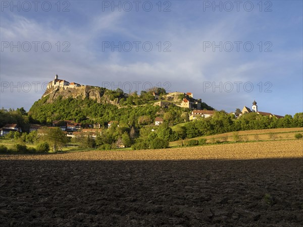 Farmland, Riegersburg Castle in the background, near Riegersburg, Styria, Austria, Europe