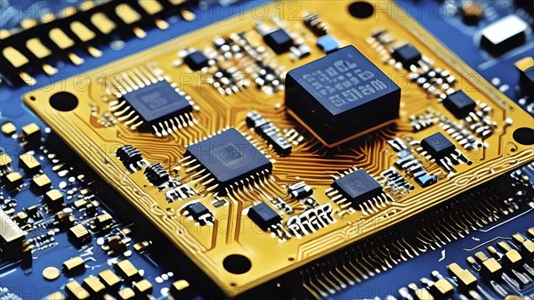 Close-up of a printed circuit board with microchip processor CPU, various electronic components and