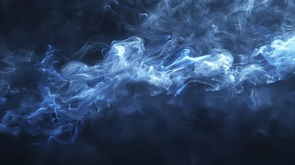 Blue smoke against a dark background, creating an ethereal and abstract atmosphere with swirling