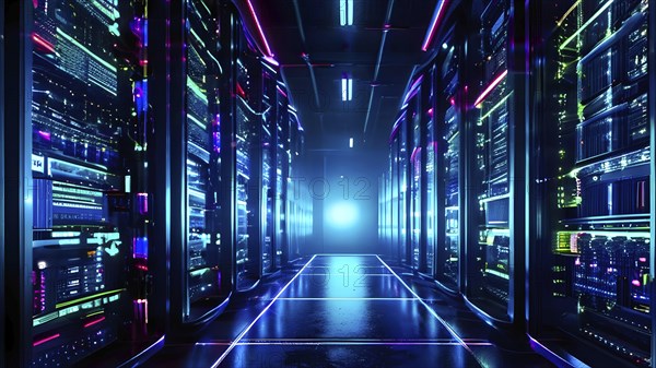 Server racks aligned in rows within a cloud computing data center background and data streams