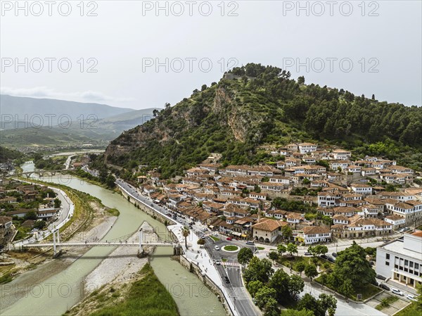 Berat from a drone, Osum River, Albania, Europe