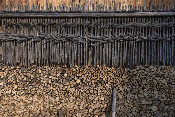 Stacked firewood and hanging hay, hay dryer at a barn, Bad Oberdorf, Allgaeu, Bavaria, Germany,
