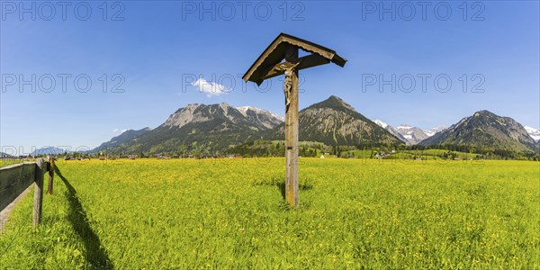 Field cross with Christ figure, Lorettowiesen near Oberstdorf, behind it Gaisalphorn, 1953m,