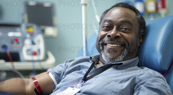 Black patient in the hospital waiting for doctor visit him and check his health status, AI