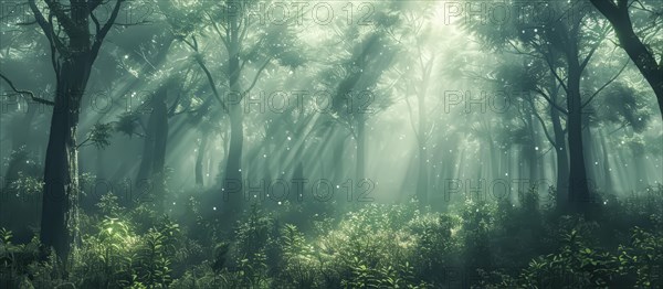 A mystical forest scene bathed in ethereal sunlight that filters through dense trees casting serene