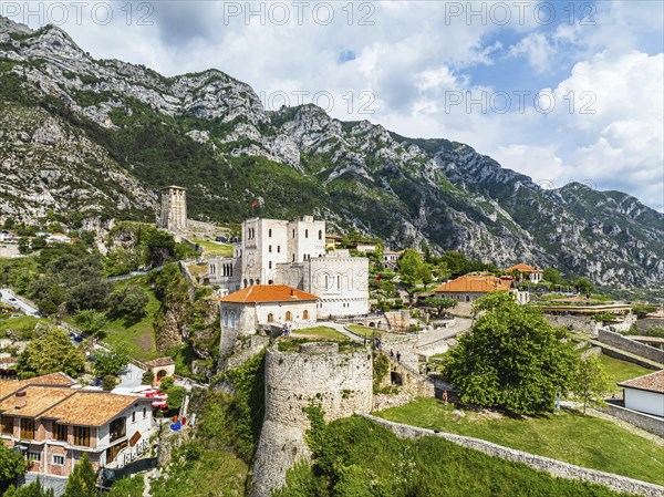Kruje and Mount Kruje from a drone, Ishem River, Albania, Europe