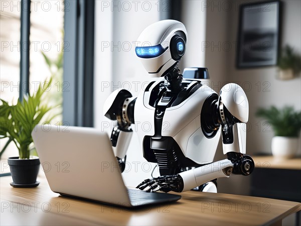 Android, robot writing on a laptop in the home office, symbolic image artificial intelligence