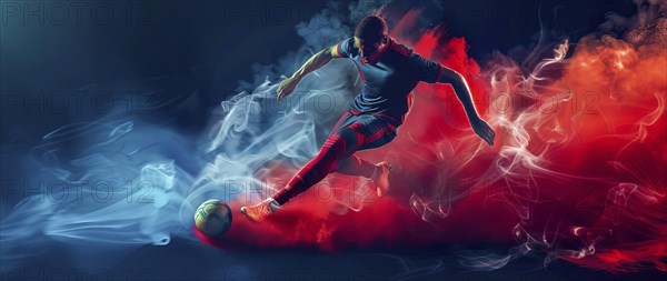 Soccer football forward player jumping and attacking the field for goal, AI generated