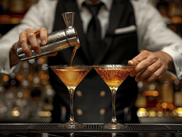 Bartender mixes cocktails in an elegant hotel, AI generated