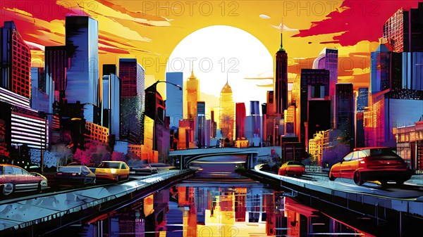 Urban cityscape collage featuring a mosaic of vibrant colors, AI generated