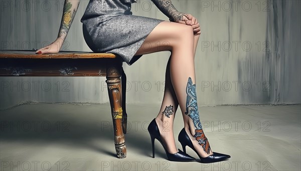 Woman sitting on a table, showing tattooed legs in high-heeled black shoes and a grey dress, AI