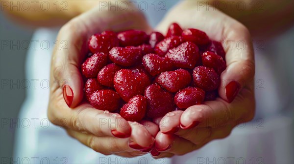 A heart-shaped arrangement of strawberries held in hands, combining love with freshness and a