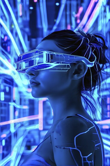 Portrait of a woman with data goggles displaying intricate streams of digital information against