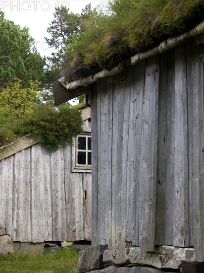 Close-up side view of a wooden hut with grass roof and windows in the forest, grey wooden houses in