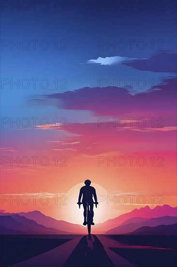 Illustration of a cyclists silhouette in calm harmony bathed in the breathtaking palette of a