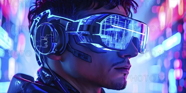 Portrait of a man with data goggles displaying intricate streams of digital information against