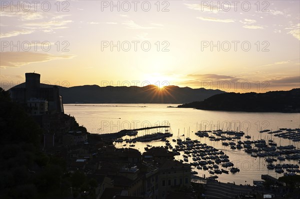 Panorama of evening Lerici at sunset, Ligurian sea, Liguria, Italy, Europe