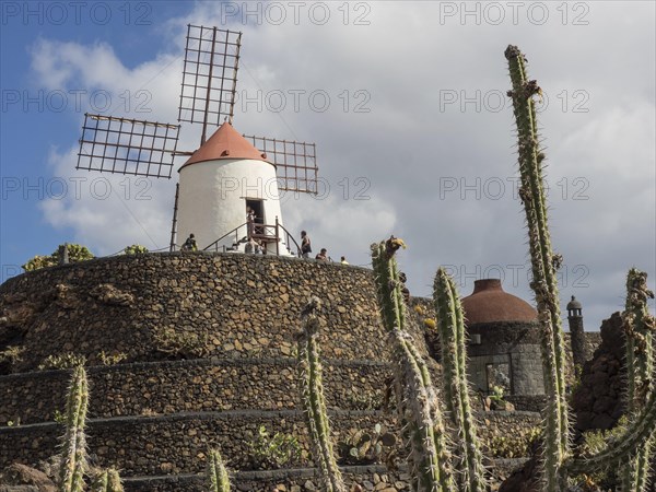 Historic windmill on a rocky hill with cacti in the foreground under a blue sky, Lanzarote, Spain,