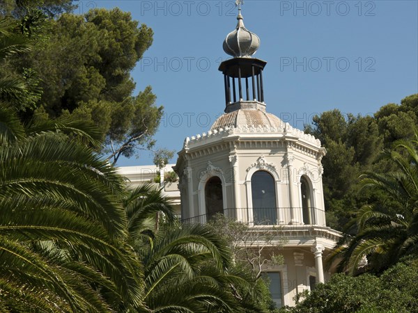 An elegant villa tower rises into the sky between the densely overgrown palm trees, la seyne sur