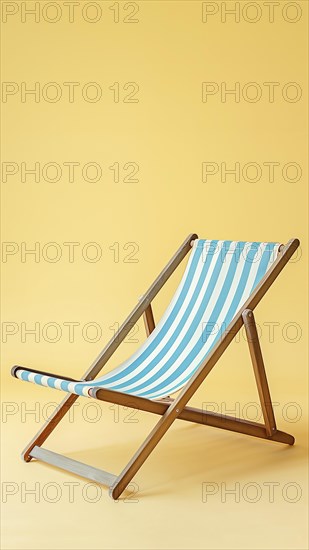 A blue and white striped beach chair with wooden legs. The chair is empty and is sitting on a