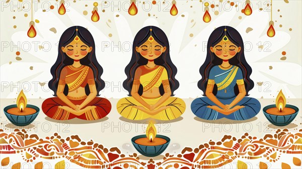 Three women in traditional attire, meditating with oil lamps against a mandala pattern, AI