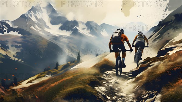 Abstract vintage grungy poster of a mountain biker on a trail in the Alps, AI generated