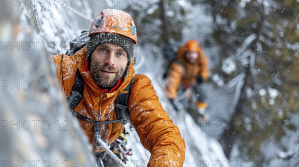 Mountain climber with full equipment climbing, ai generated, AI generated