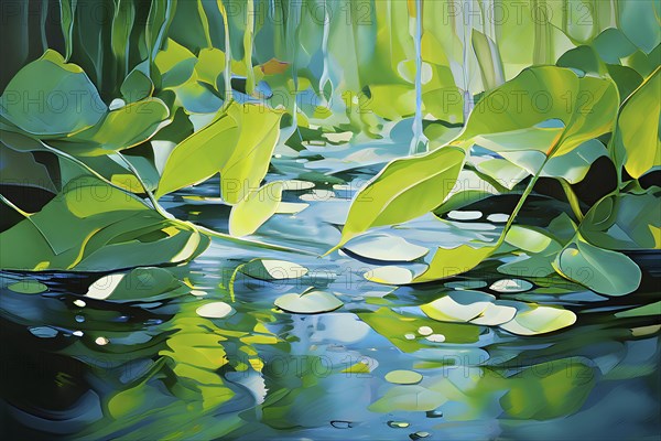 Abstract digital painting embodying sustainability with intertwining leaves glisten with water