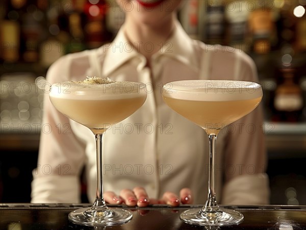 Bartender mixes cocktails in an elegant hotel, AI generated