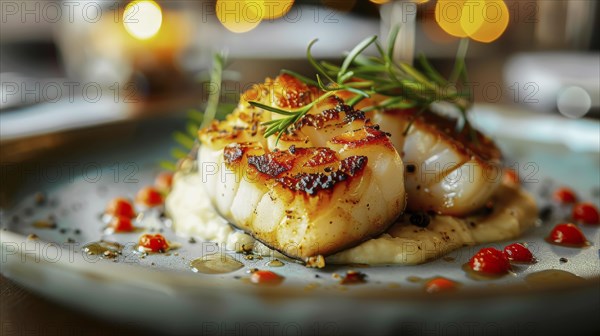 Seared scallops garnished with herbs and served with sauce and vegetables, AI generated