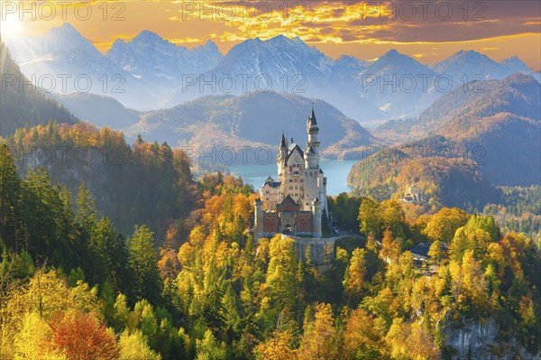 Neuschwanstein Castle in autumn, behind Alpsee, Schwangau, Ostallgaeu, Allgaeu, Swabia, Upper