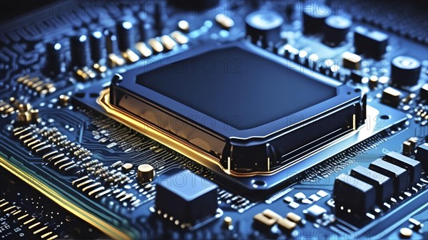 Close-up of a printed circuit board with microchip processor CPU, various electronic components and