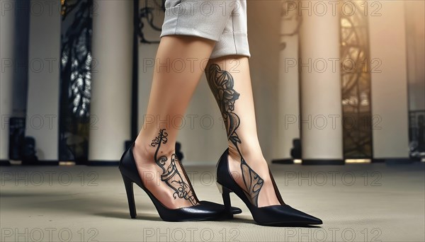 Woman showing leg tattoos, wearing black high heels and beige trousers in a modern architectural