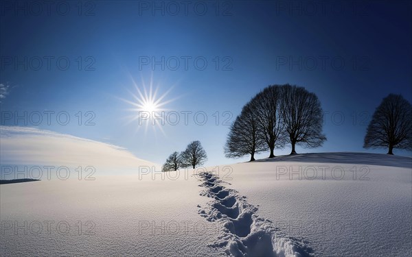 Footprints in fresh snow on a hill with a row of trees in winter, backlight, AI generated, AI