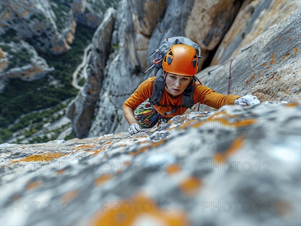 Mountain climber with full equipment climbing, ai generated, AI generated