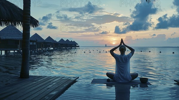 Eine Frau meditiert im Lotus-Sitz auf einem Deck am Wasser waehrend des Sonnenuntergangs, AI