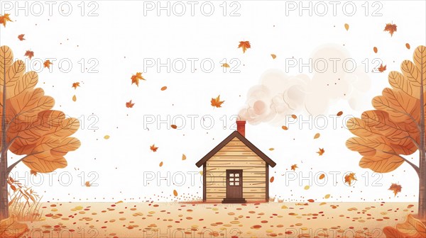 A cozy wooden house with smoke from the chimney surrounded by falling autumn leaves and orange