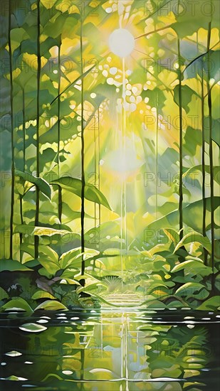 Abstract digital painting embodying sustainability with intertwining leaves glisten with water