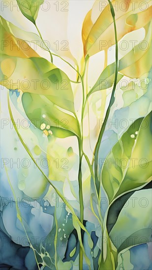 Abstract digital painting embodying sustainability with intertwining leaves glisten with water