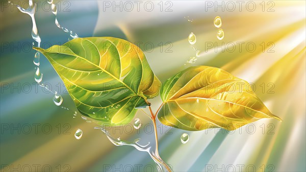 Abstract digital painting embodying sustainability with intertwining leaves glisten with water
