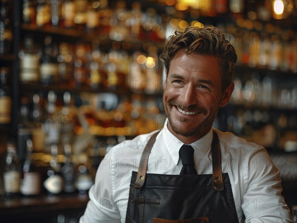 Bartender mixes cocktails in an elegant hotel, AI generated