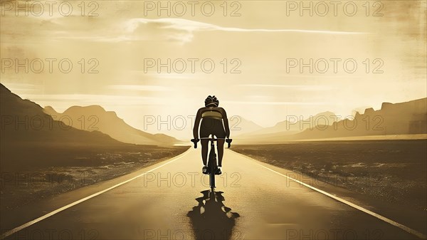 Abstract vintage grungy poster of a lonely triathlete riding his bicycle on an wide landscape, AI