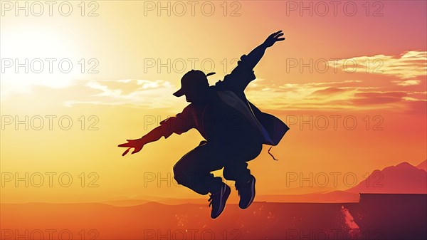Illustration of a breakdancer silhouette in calm harmony bathed in the breathtaking palette of a