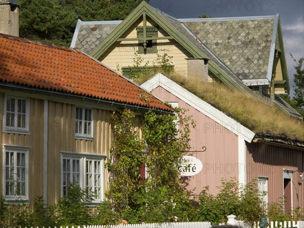 Different coloured houses with a cafe sign and green vegetation, colourful wooden houses behind