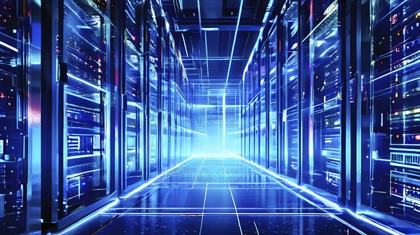 Server racks aligned in rows within a cloud computing data center background and data streams