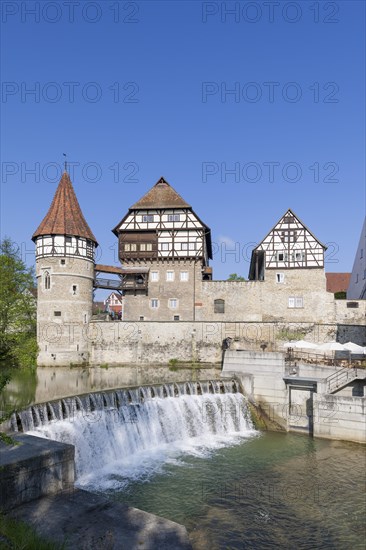 Zollernschloss Balingen on the Eyach, weir, barrage, Balingen, Baden-Wuerttemberg, Germany, Europe