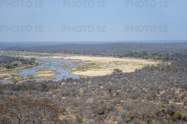 View over dry African savannah, Olifants River, Kruger National Park, South Africa, Africa