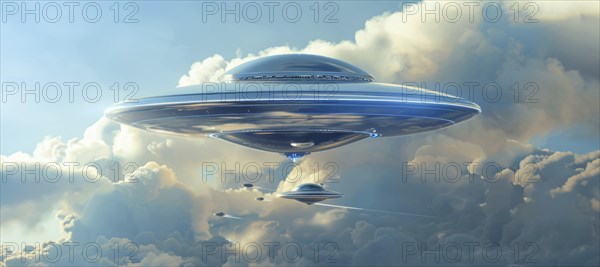 A large, glowing, alien shaped UFO saucer object is flying. UAP, Unexplained Aerial Phenomena, AI